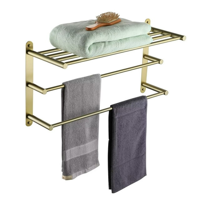 KOKOSIRI 3 Tier Bath Towel Rack 24 Inch Wall Mounted Rack with Towel Bars Towel Shelf with Single Towel Bar Bathroom Ladder Brushed Gold B5003BG-L24