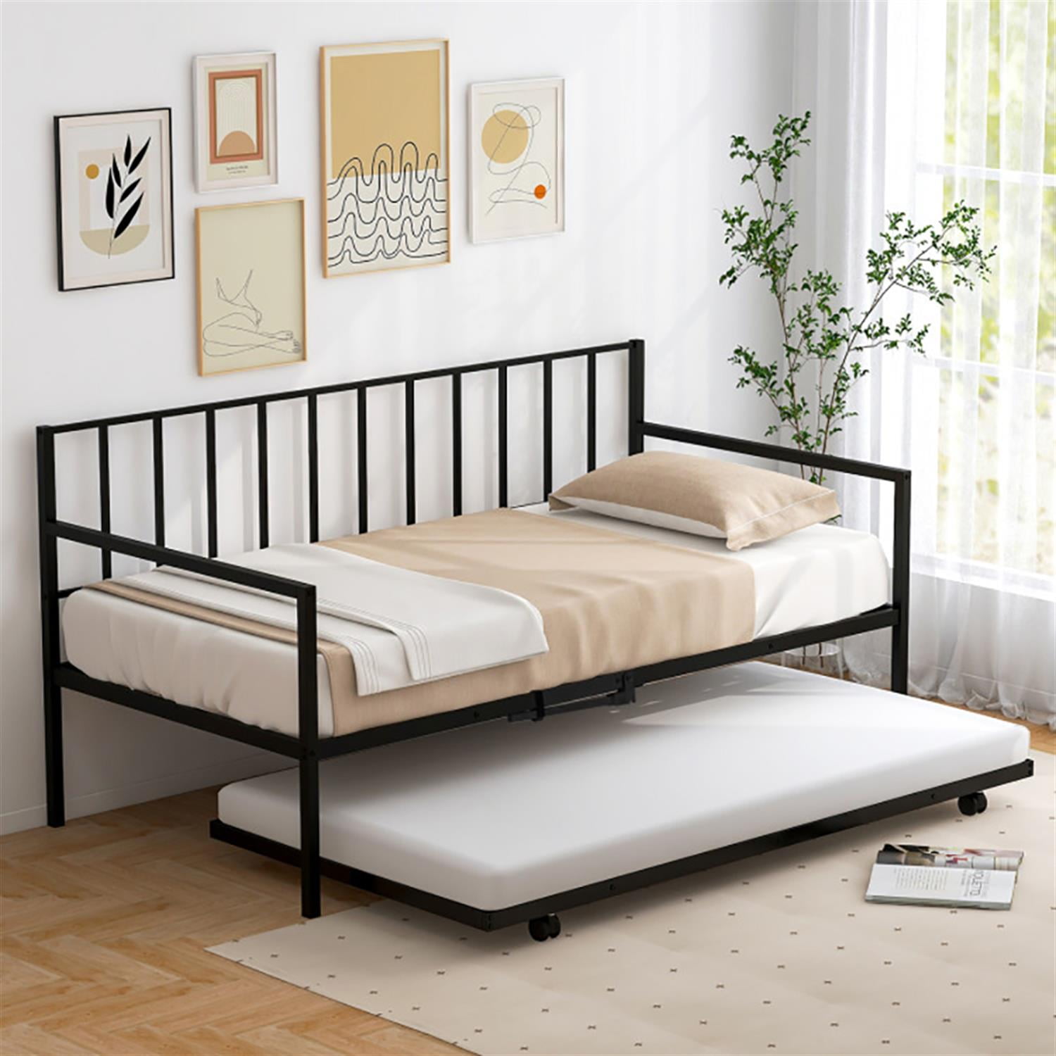 Demi Bonn Twin Size Daybed and Trundle Frame Set Trundle Bedframe, Modern Bed Frame for Teens, Black