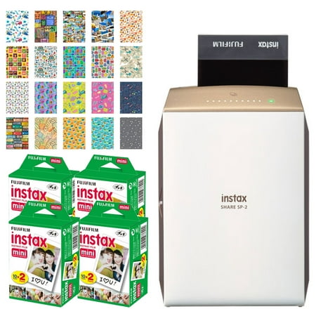 Fujifilm instax SHARE Smartphone Printer SP-2 (Gold) + Fujifilm Instax Mini Twin Pack Instant Film (80 Exposures) + 20 Sticker Frames for Fuji Instax Prints Travel Package – Deluxe Accessory