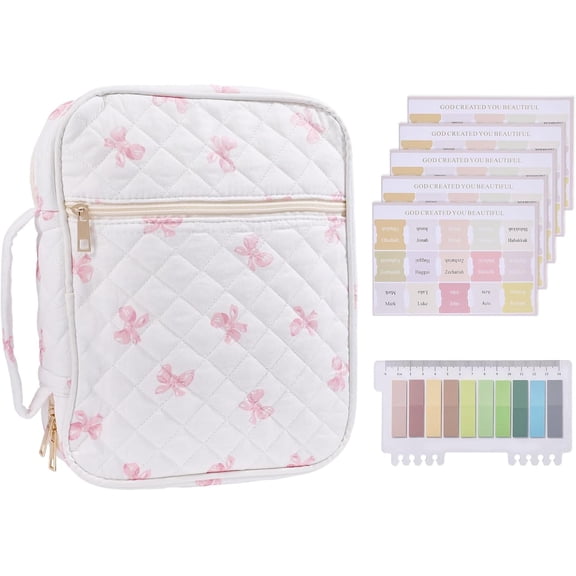 Pink Bible Cover Case for Women Bible Tote Bags Organizer Quilted Carrying Case with Tags and Stickers Bible Study Supplies