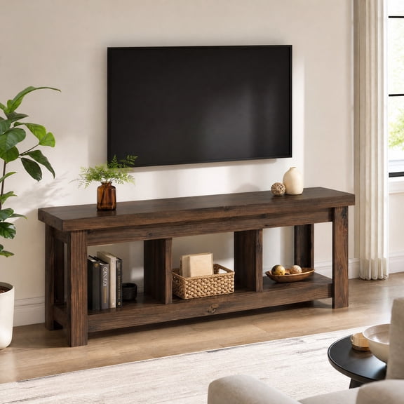 Fnova 63" Solid Wood TV Stand for 55/60/65/75-Inch TVs, Farmhouse Entertainment Center with Open 3 Storage Shelves, Rustic Television Media Console for Living Room Bedroom, Dark Brown