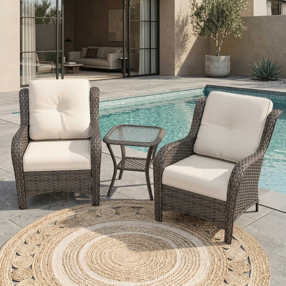 Joyside 3 PCS Patio Furniture Set with Side Table, 2 Wicker Chairs with High Back, Deep Seating, Wide Armrest, Thick Cushions for Deck Porch, Beige