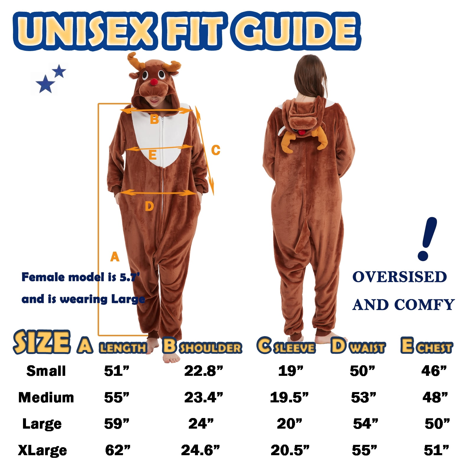 SWEETXIN Adult Christmas Reindeer Unisex Onesie Pajamas Halloween Cosplay Costume Suit for Women and Men SizeM