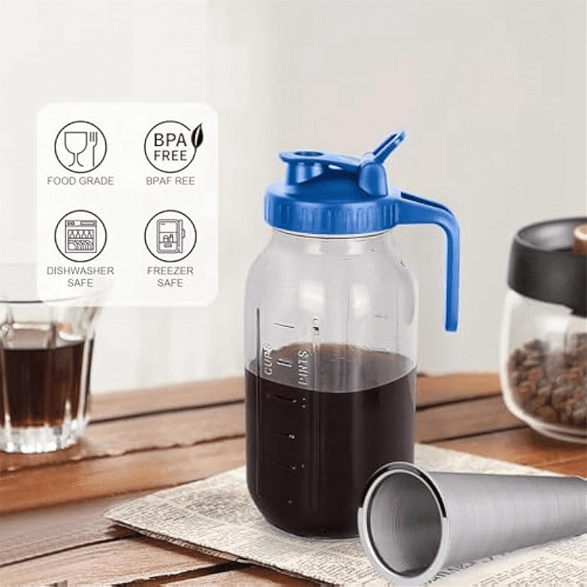 Cold Brew Coffee Maker,64oz Wide Mouth Jar Pitcher with Filter,Pour Spout Handle Lid,Leak-Proof Pitcher Glass Blue