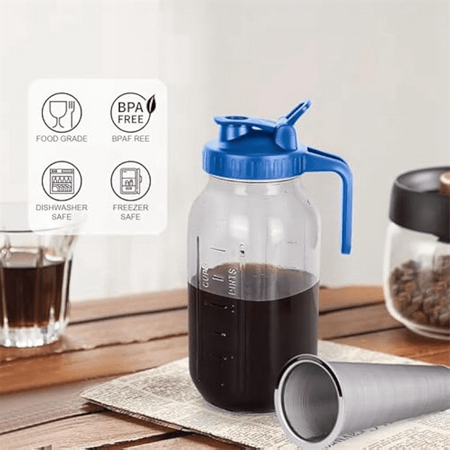Cold Brew Coffee Maker,64oz Wide Mouth Mason Jar Pitcher with Filter,Pour Spout Handle Lid,Leak-Proof Pitcher