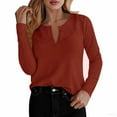 thumbnail image 2 of Lenpel Long Sleeve Tops for Women Trendy Notched V Neck Solid Color Textured Knit T Shirts Casual Loose Tee Blouses(Red,Medium), 2 of 4
