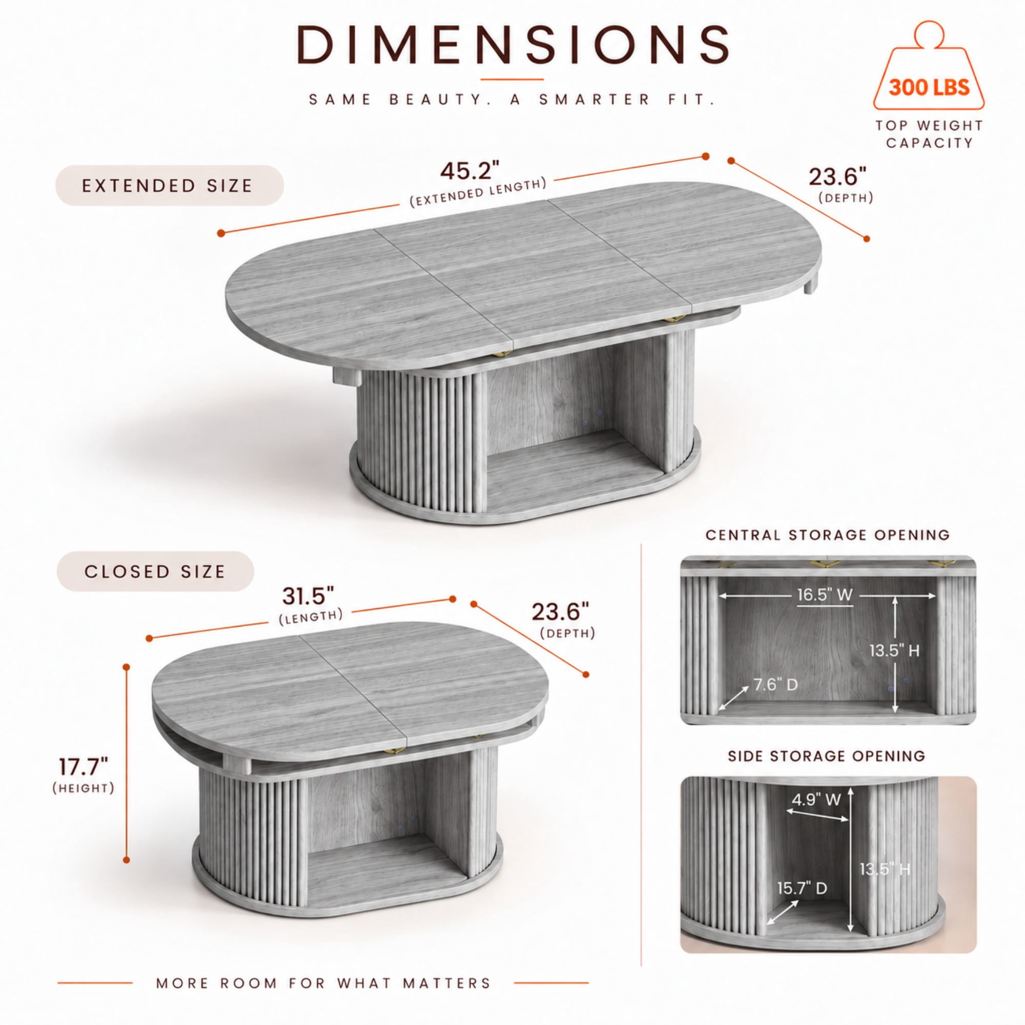 Lacoo Extendable Oval Coffee Table with Storage, Fluted Base with Cubby for Living Room, Den, Gray