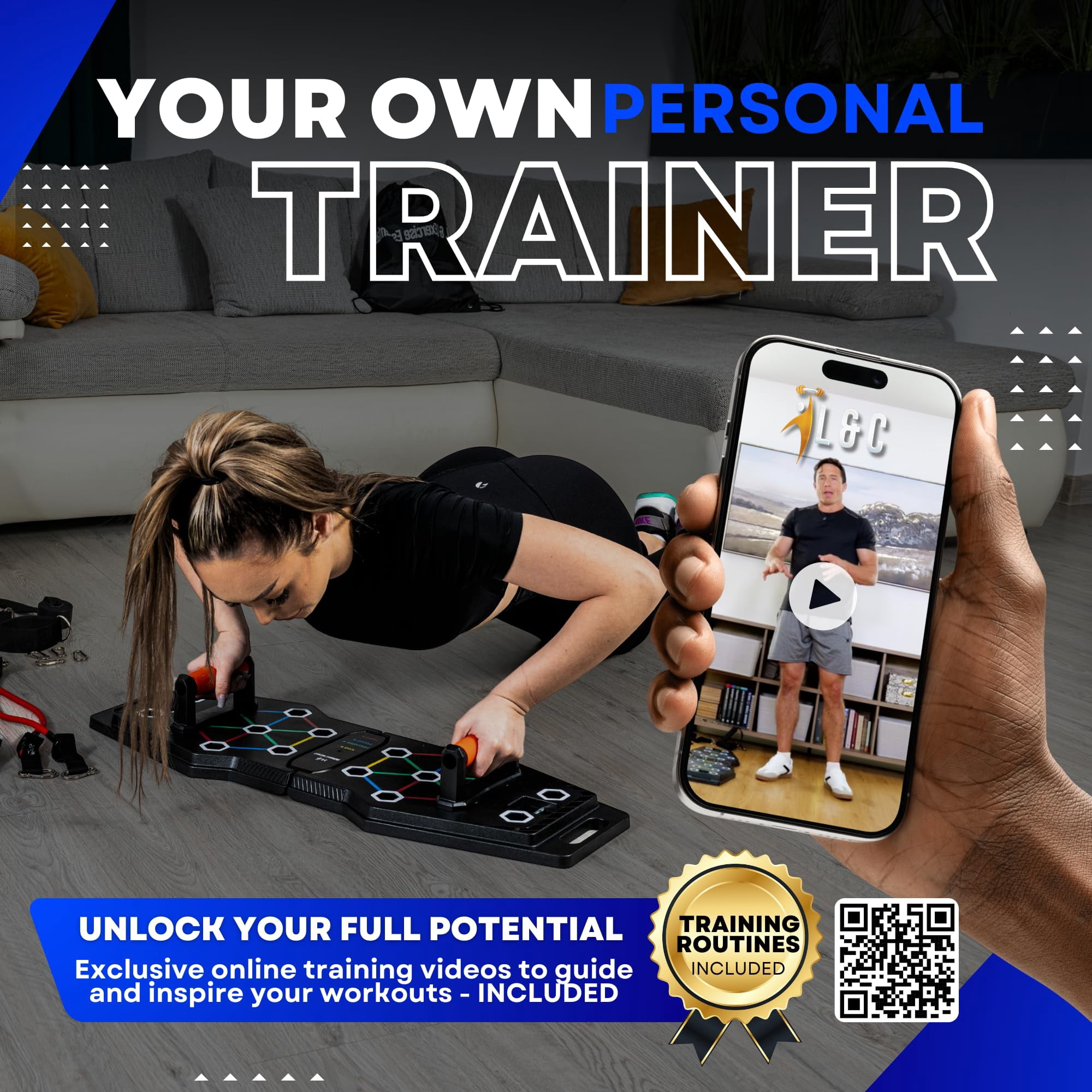 Push Up Board For Full Body Workout At Home - Portable  Joint Friendly Fun & Motivating Equipment With Qr Code Guided Workouts Ideal Men Women Teens