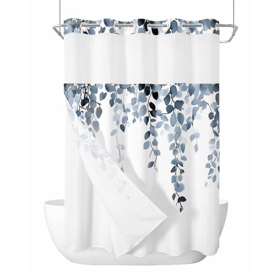 Anzona No Hook Shower Curtains, Blue Eucalyptus Leaves Extra Long Bathtub Curtains with Snap in Liner, Summer Botanical Watercolor Waterproof Washable Fabric Bathroom Shower Curtain Sets, 72" x 96"