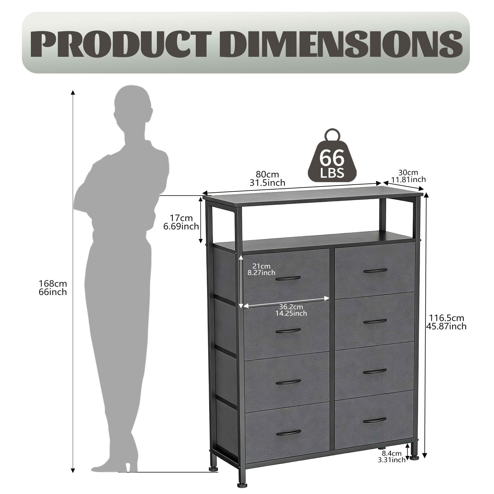 MAYEERTY 45.9-Inch 8-Drawer Fabric Dresser, Tall Storage Cabinet with Open Shelf for Bedroom Closet