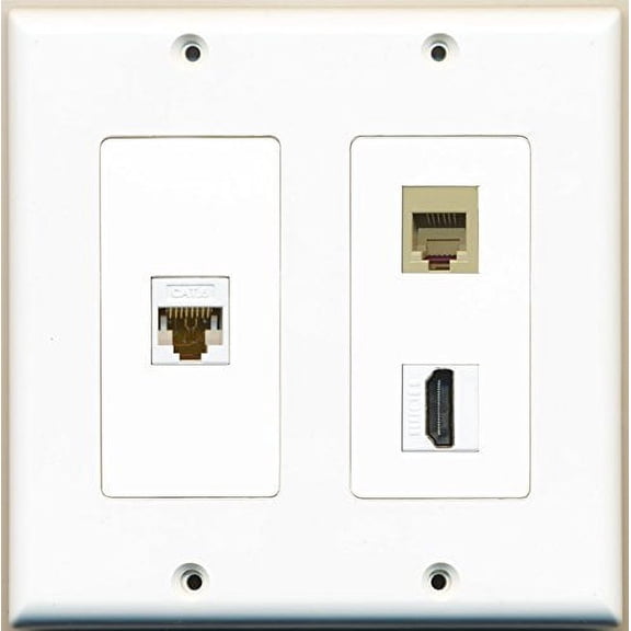 RiteAV - 1 Port HDMI 1 Port Phone RJ11 RJ12 Beige 1 Port Cat6 Ethernet White - 2 Gang Wall Plate
