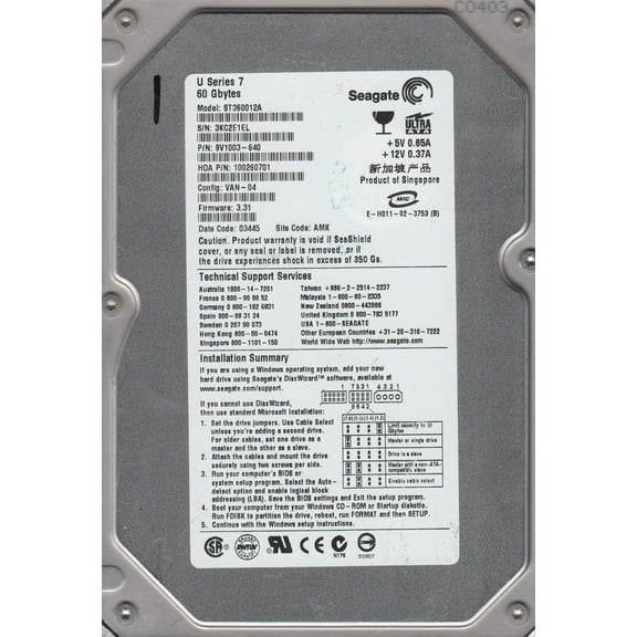Seagate U7 ST360012A 60 GB Hard Drive, 3.5" Internal, IDE (IDE Ultra ATA/100 (ATA-6))
