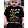 thumbnail image 1 of Boys' Dinosaur Racing Graphic T-Shirt - "I'm Ready to Crush Kindergarten" Design, Black Short Sleeve Tee for Youngsters, Soft Polyester Fabric, Perfect for Summer Play, 1 of 6