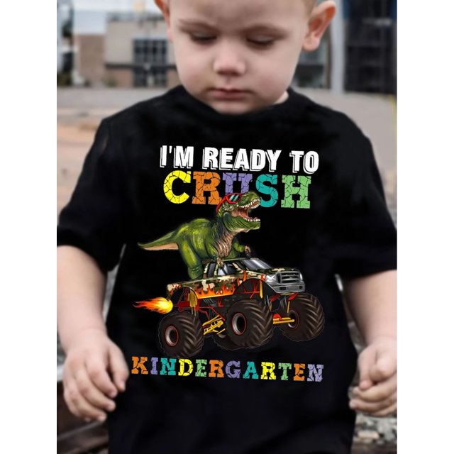 Boys' Dinosaur Racing Graphic T-Shirt - "I'm Ready to Crush Kindergarten" Design, Black Short Sleeve Tee for Youngsters, Soft Polyester Fabric, Perfect for Summer Play