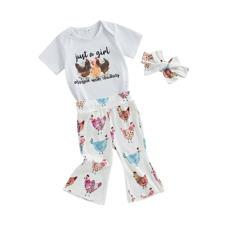 

Co.MMehjri Baby Girls Pants Outfits Cartoon Chicken Print Short Sleeve Romper with Flare Trousers and Heaband 3 Pcs Set
