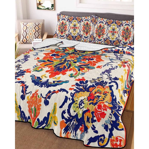 Boho Flowers Queen Size Down Alternative Comforter, Lightweight Comforter Quilt Bedding Set with Pillow Shams Abstract Bohemian Colorful Retro Floral All Seasons Bed Comforter Duvet Insert 90"x96"