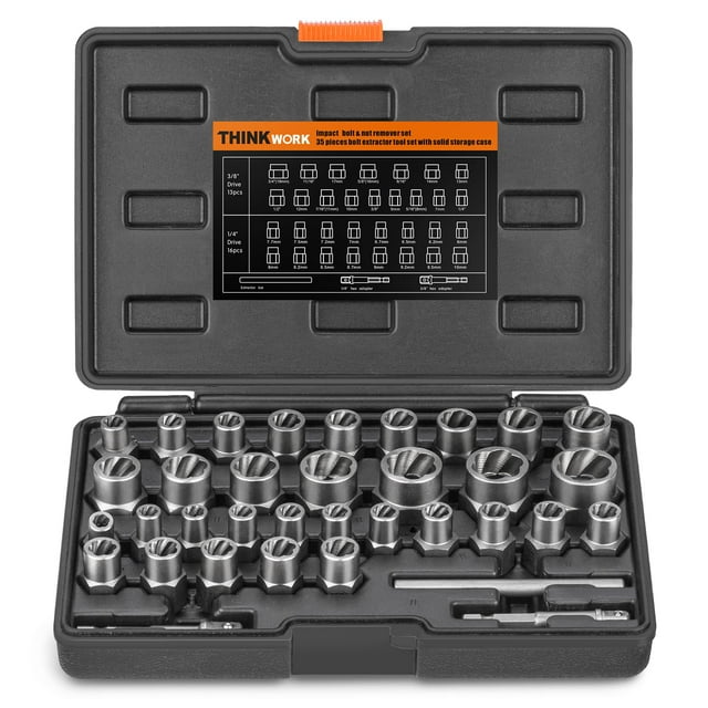THINKWORK Kit d'Extraction de Boulons Easy Out, Ensemble de 35 Pcs de Douilles d'Extracteurs d'Écrou, Outil de Retrait d'Écrou pour Boulons Endommagés, Cassés, Rouillés, Arrondis, Écrous, Vis