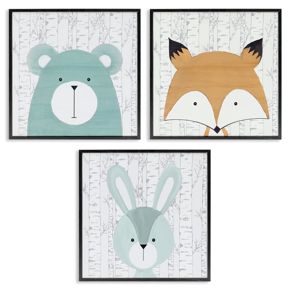 Stupell Industries Whimsical Woodland Nursery Animals Animals Painting Black Framed Art Print Wall Art, 12 x 12, Set of 3