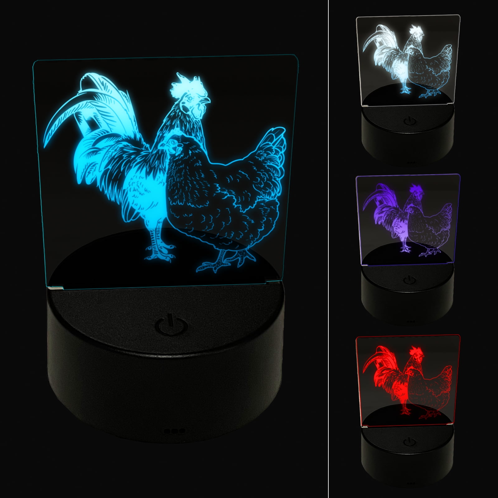 Rooster and Hen Chicken Couple LED Night Light Sign 3D Illusion Desk