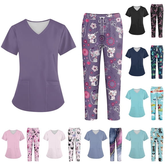 Women's Medical Scrubs Set V Neck Short Sleeve Solid Medical Scrub Tops and Wide Leg Jogger Floral Pants, M