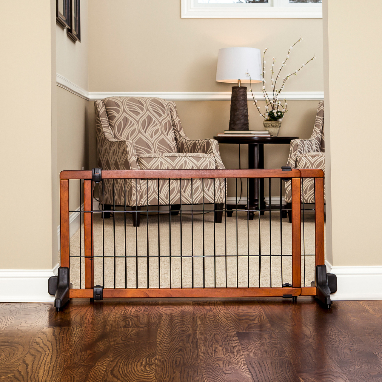 Carlson Pet Products Adjustable Freestanding Pet Gate, Premium Wood, Brown, 41"-70" L x 20" H