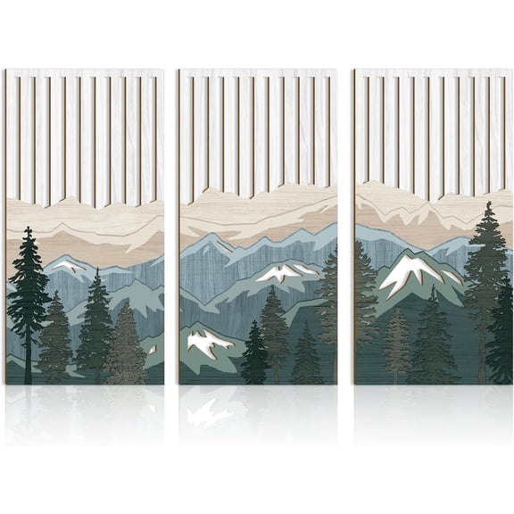 Large Mountain Wood Wall Art 16x32 Inch Abstract Mountain Landscape Wall Decor Green Nature Scenery Artwork for Bedroom Living room Office Set of 3