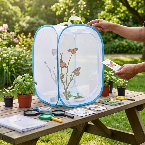 Insect and Butterfly Habitat Cage Terrarium Pop-up with High‑Clear PVC Panel & Fine Mesh 15.7 x 15.7 x 23.6 inches