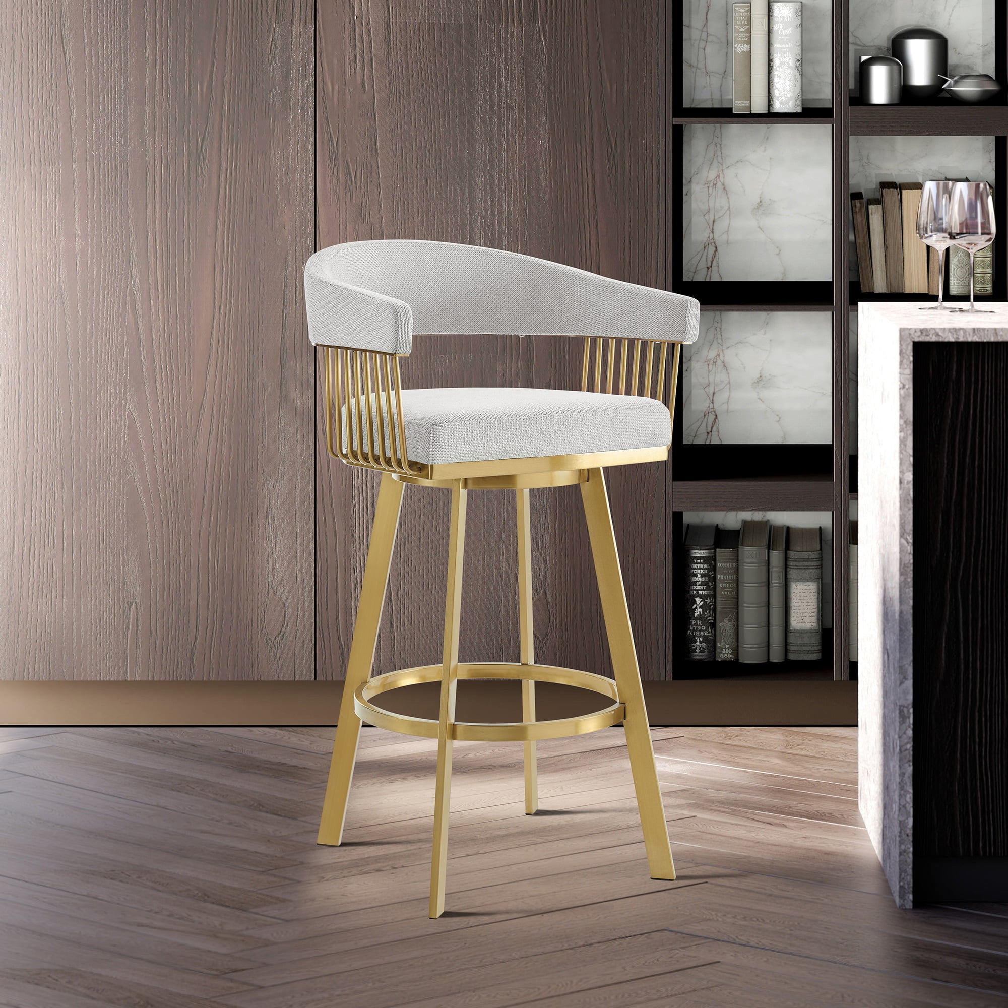 Chelsea 30" Swivel Bar Stool with Gold Brushed Stainless Steel and Silver Fabric