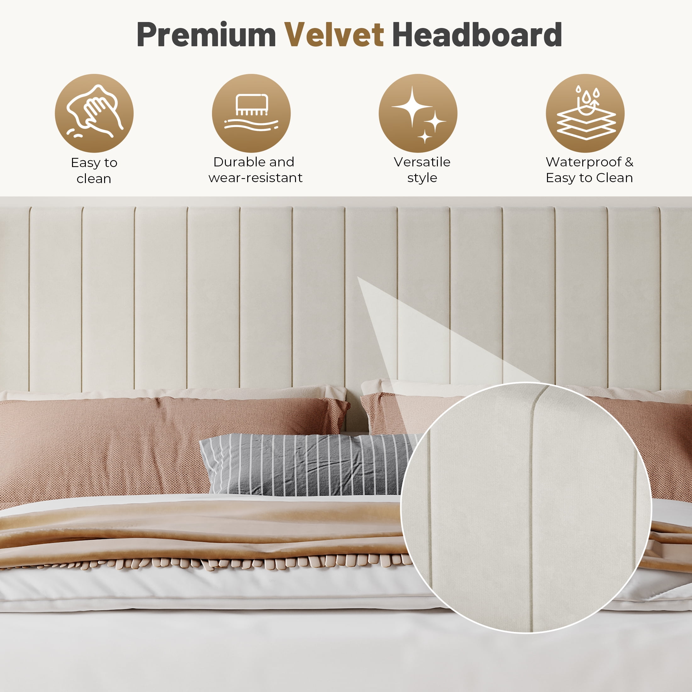 EDX Full Size Upholstered Platform Bed Frame with Padded Wingback Headboard, Modern Accent Bedroom Furniture, Beige Velvet