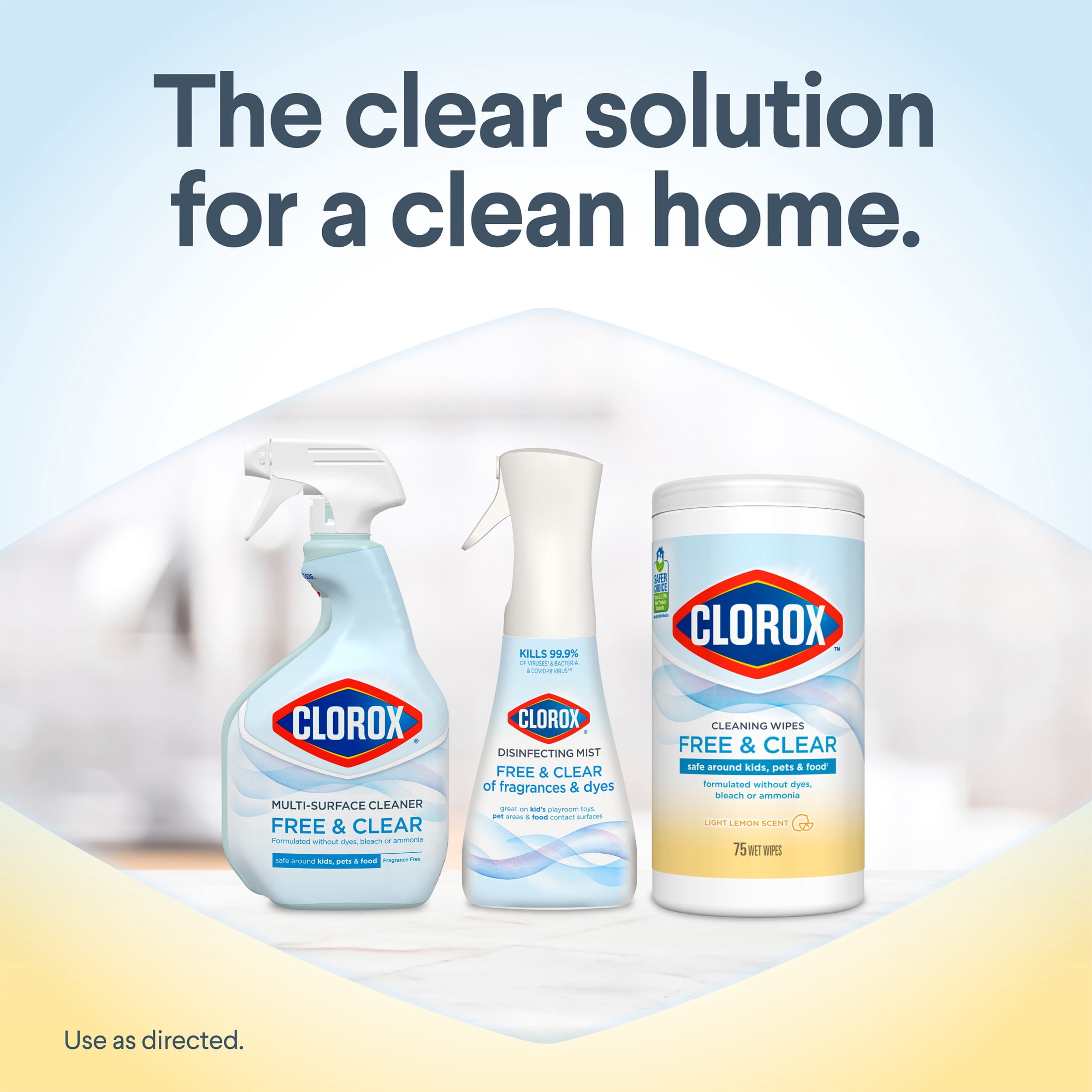 (3 pack) Clorox Free & Clear Compostable Cleaning Wipes, All Purpose Wipes, Light Lemon Scent, 75 Count