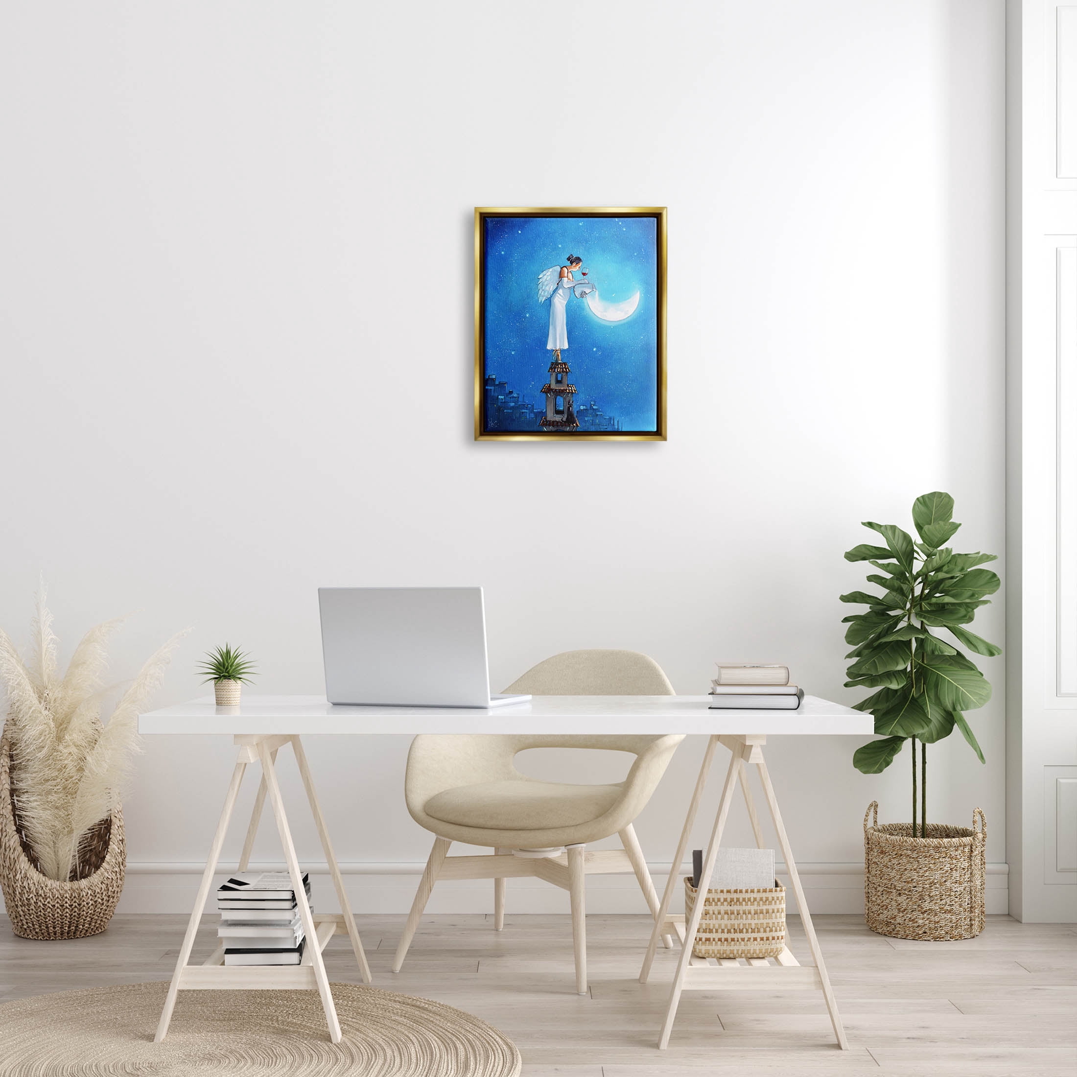 Angel Pouring Moon Cityscape Landscape Painting Metallic Gold Framed Art Print Wall Art