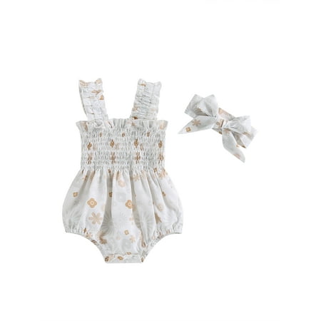 

Coduop Baby Girls Bodysuit Casual Rompers Sleeveless Ruched Floral Playsuit with Headband