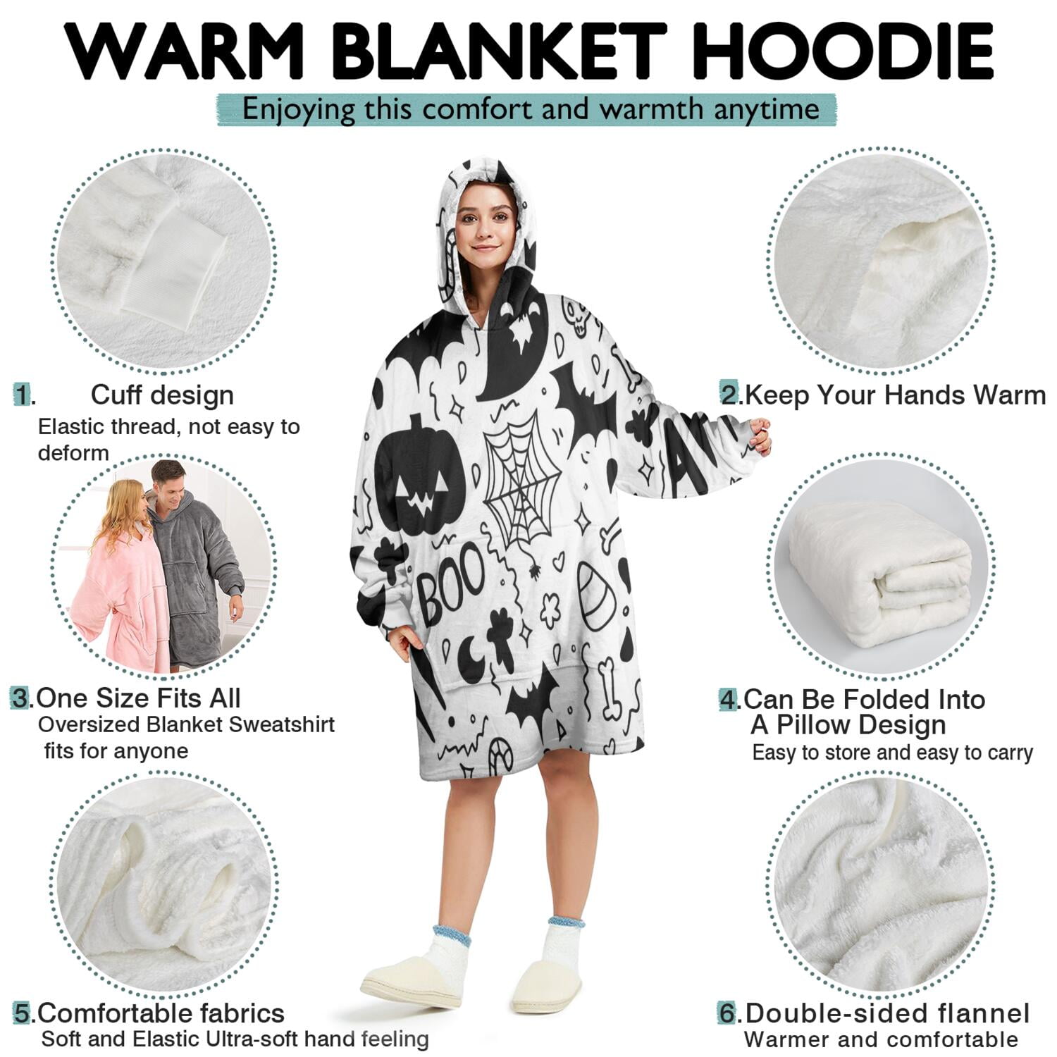 Wearable Oversized Blanket,Halloween Doodle Elements Wearable Blanket Hoodie for Adults,Cozy Hooded Blankets with Super Pockets,Super Warm Fuzzy Pullover for Women & Men