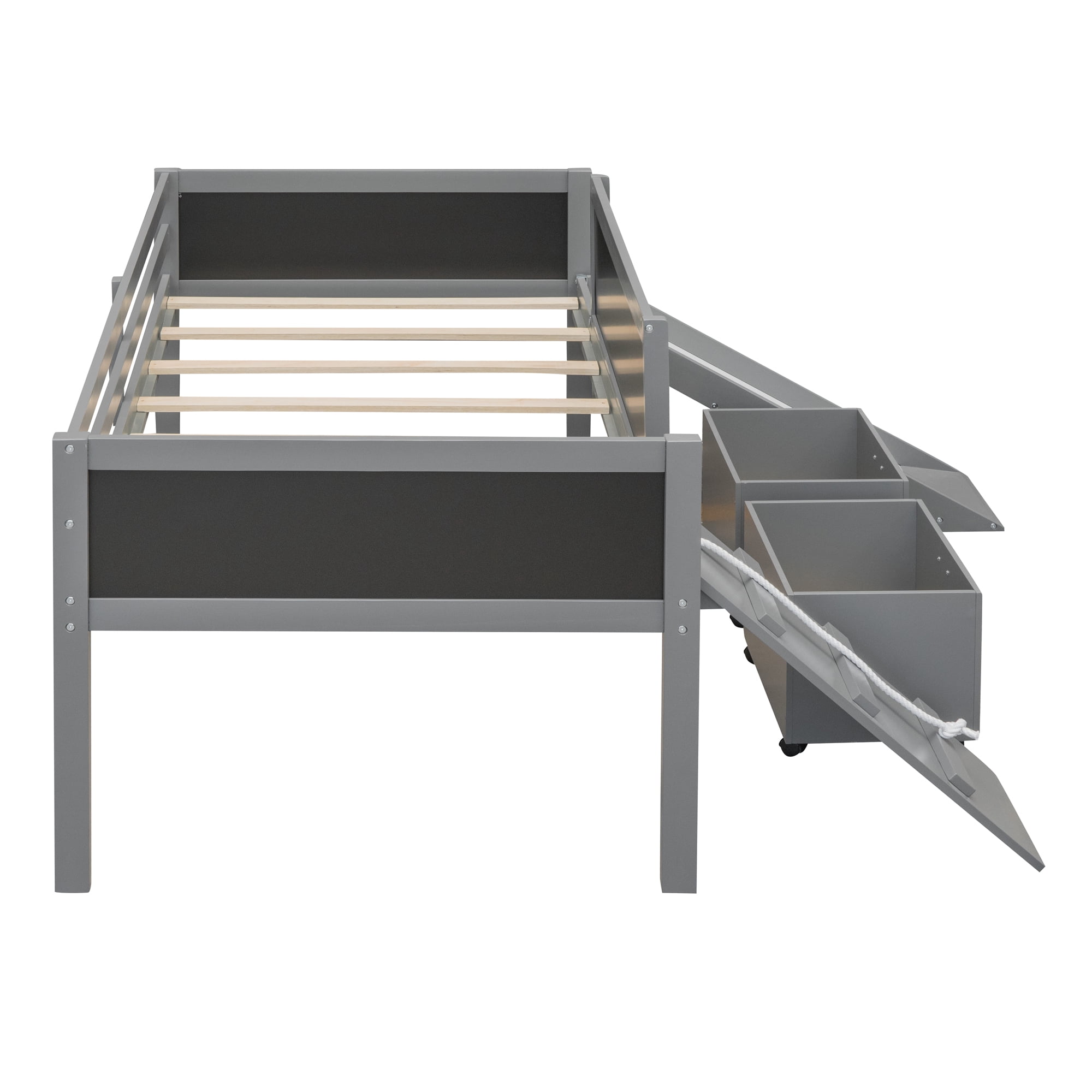 Aukfa Kids Low Loft Bed with Slide and Chalkboards, Twin Platform Bed with Storage Boxes - Gray