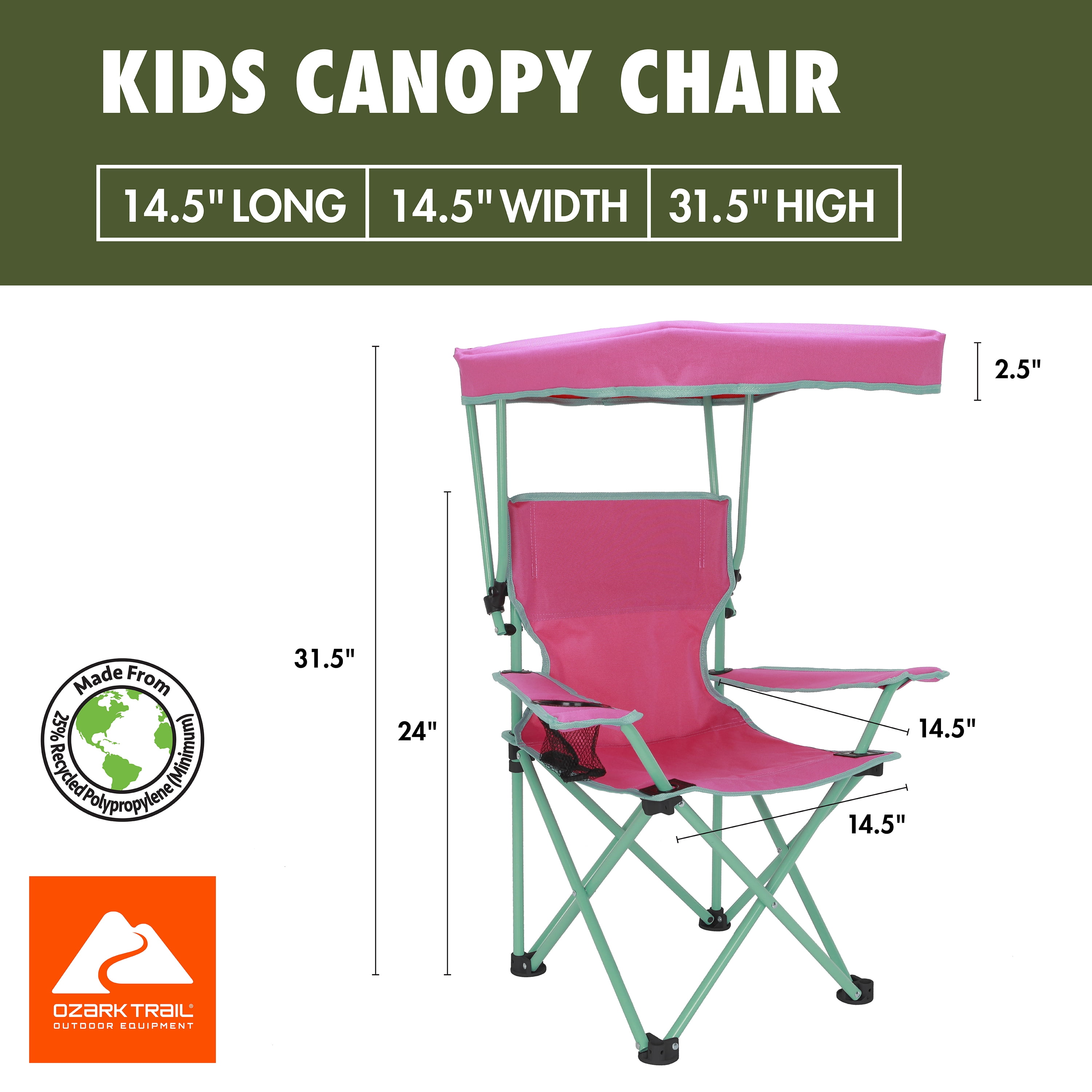 Ozark Trail Kids Canopy Chair with Safety Lock (125 lb. Capacity), Pink/Green
