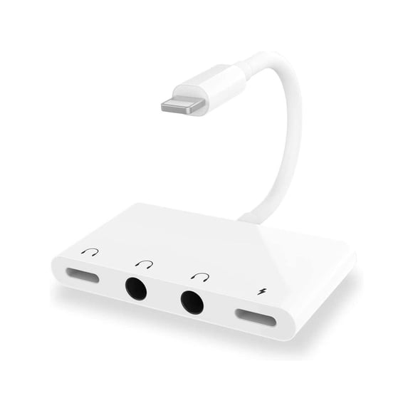 4 in 1 Headphone Jack Audio Charger Adapter & Splitter + Dual 3.5mm Headphone Jack + Charging Port for iPhone 14 13 12 11 X 8 7 / iPad- Support iOS 15