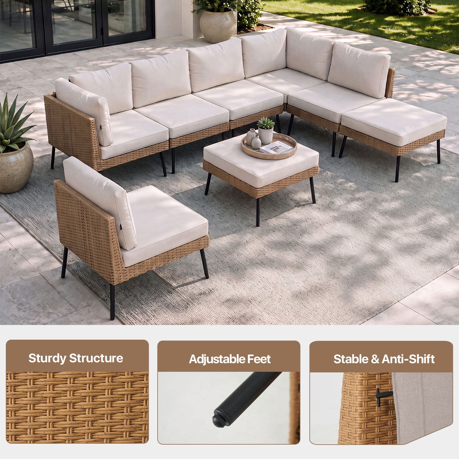 BaPiPro 8-Piece Modular Outdoor PE Rattan Sectional Sofa Set, All Weather Patio Furniture with Removable 4" High Density Cushions & 2 Multifunctional Ottomans for Backyard Garden Courtyard, Beige