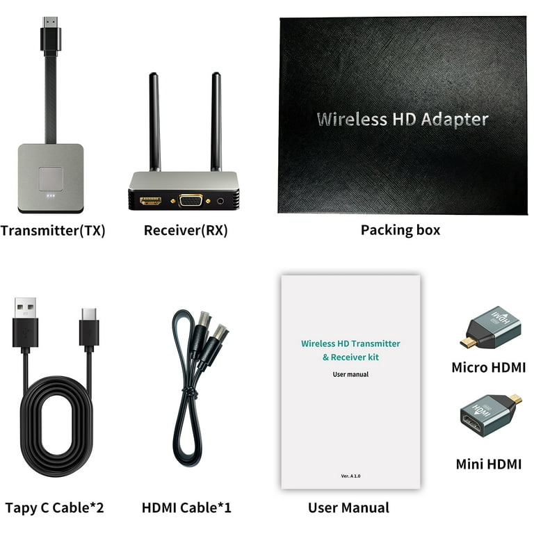 Wireless HDMI Transmitter and Receiver Kits, Support 4K@30Hz,Support  Plug&Play 2.4/5GHz Streaming Video/Audio from Laptop,PC to  HDTV/Projector/Monitor(Brown) 