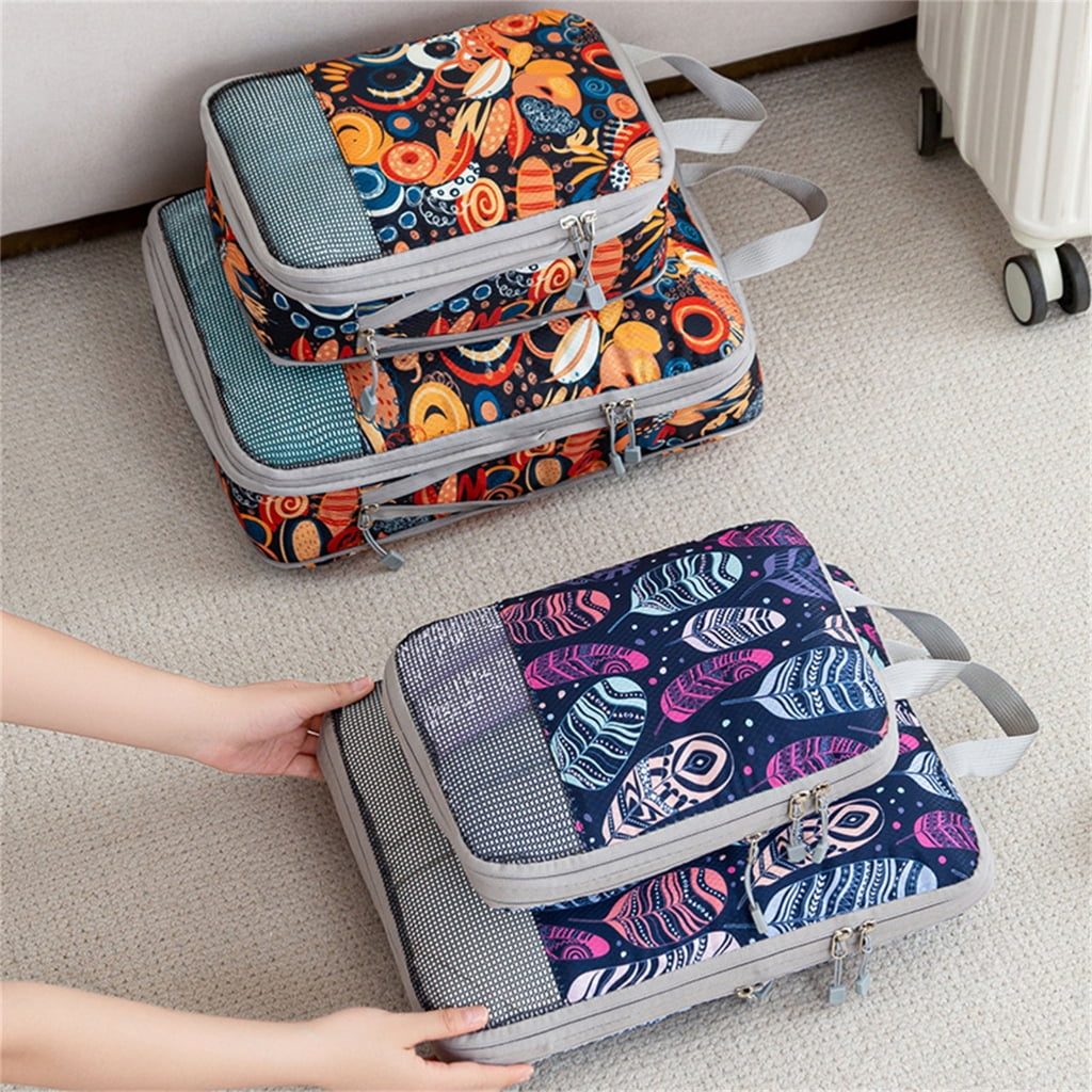 YIGSECU Pack of 4 Stylish Printed Compression Cubes For Efficient Packing And Storage