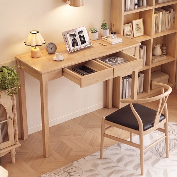 100% Solid Wood with Drawers 39 x 16 Inch Small Desk Mid Century Modern Desk Vintage Small Writing Wooden Desks for Small Spaces Bedroom, Living Room, Office