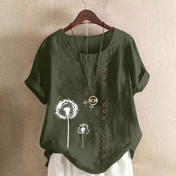 QUNYINEY Short Sleeve Womens Tshirts Floral Crew Neck Casual Tops Linen Loose Button Pullover Shirts