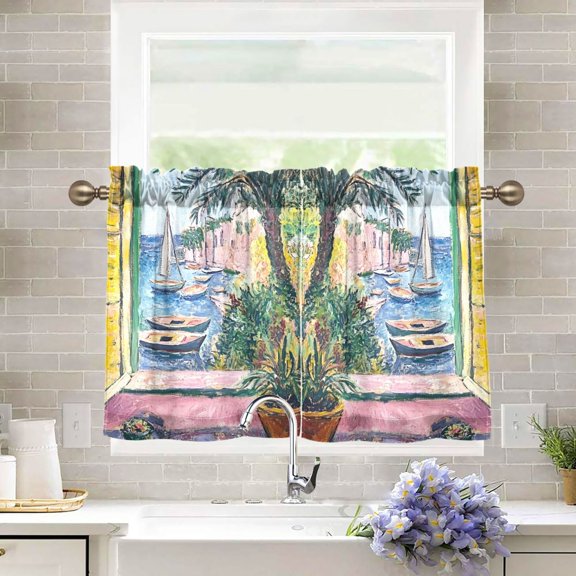 Yayeee Kitchen Curtains Tier Pair Light Filtering 27"x36" Rod Pocket Short Cafe Window Panel, Ocean Boat