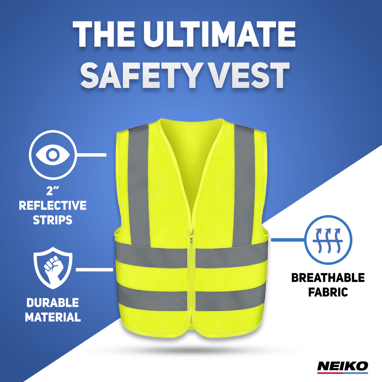 Neiko Safety Vest, XX-Large, Neon Yellow, Reflective, Zipper