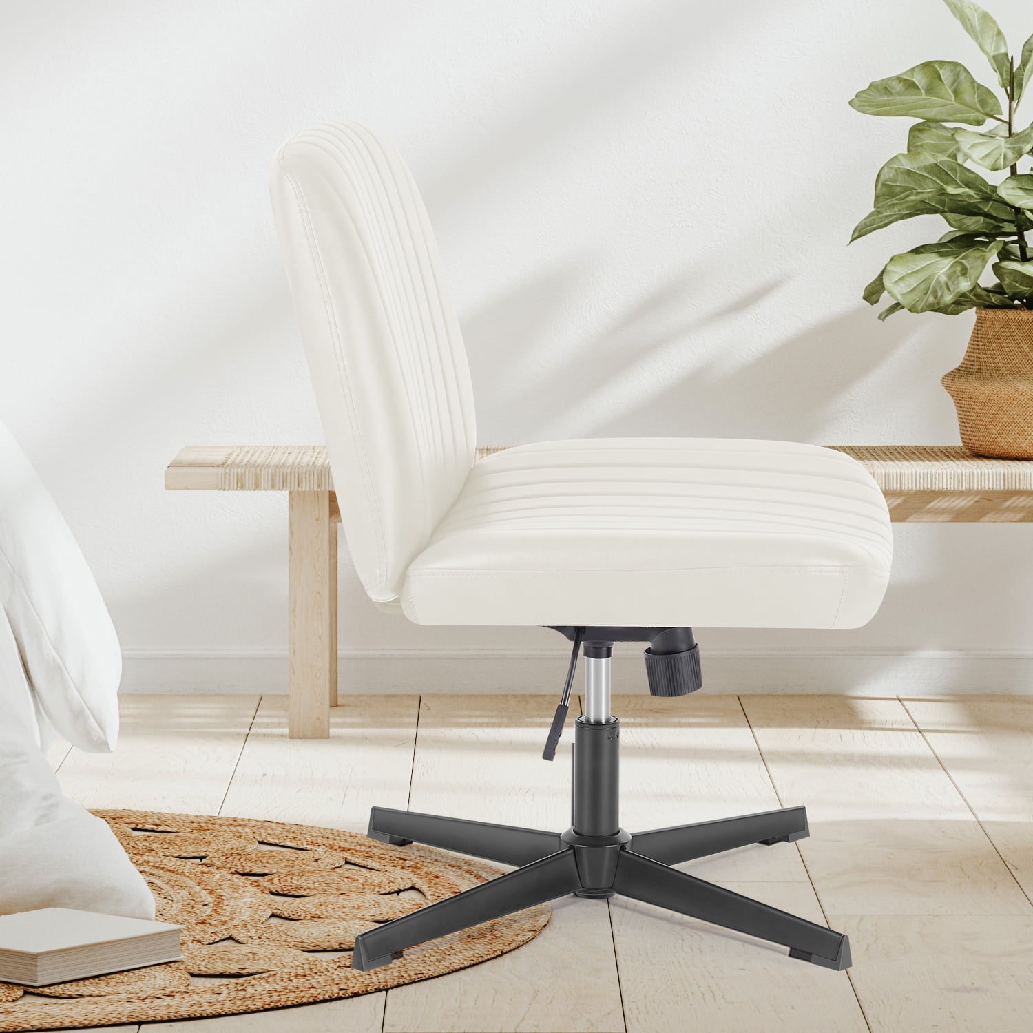 Office Chair Armless Criss Cross Legged Chair No Wheels, Comfy Home Office Desk Chairs, Adjustable Swivel Padded Fabric Vanity Task Computer Chair