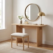 Guyou 55 Natural Oak Desk, Light Wood Finish MDF Study Table, Versatile Vanity & Office Desk with Sculptural Legs, Sturdy Two-Pedestal Design for Work & Study, Natural