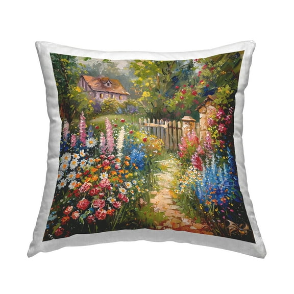 Stupell Industries Blooming Spring Cottage 18" x 18" Landscape & Nature Floral Print Polyester Throw Pillow, Zip Closure 1 Count
