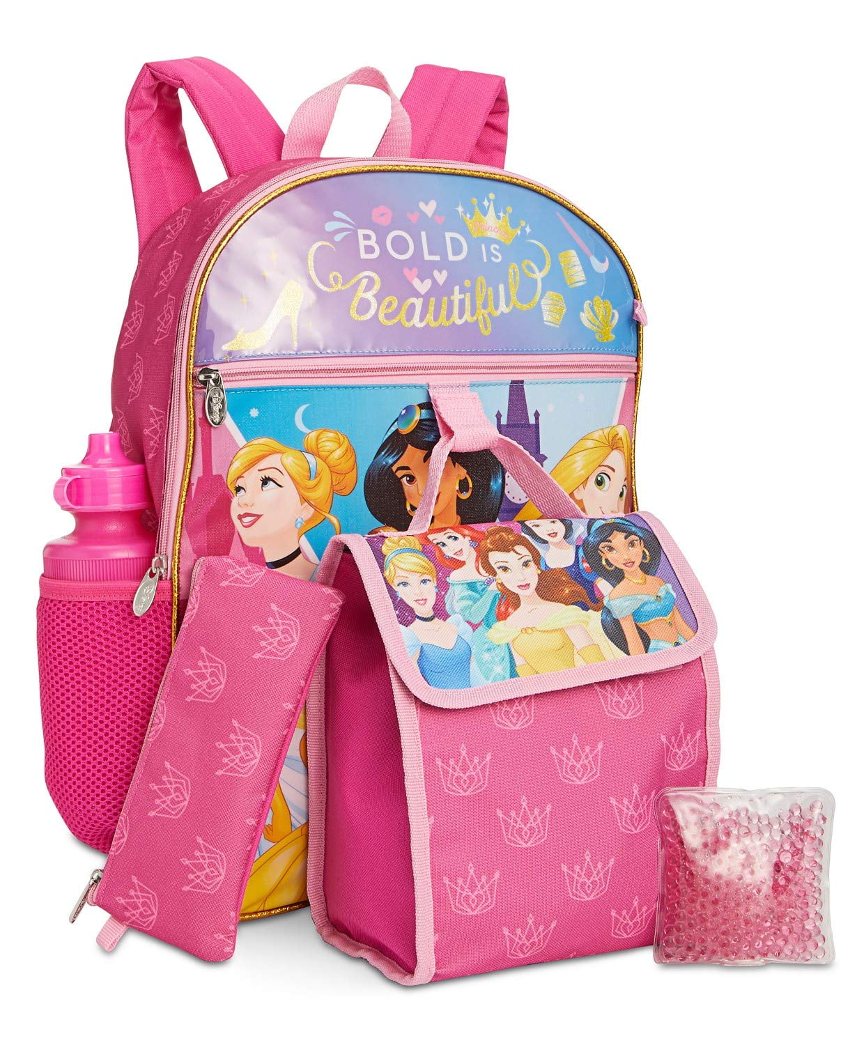 KidPlay Products Disney Princess Backpack Set Utility Pouch Lunch Bag Water Bottle