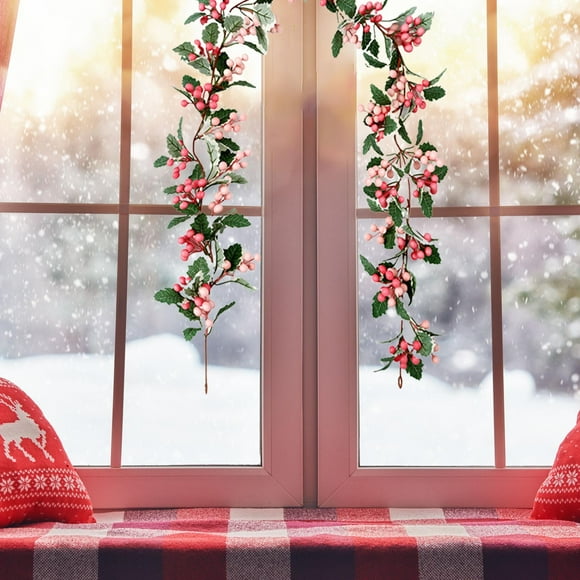 Christmas Garland with Red Berry, Holly Leaves Christmas Hanging Garlands, Xmas Artificial Garland, Christmas Decorations Cedar Garland, Holiday Garland for Xmas Home Fireplace Indoor Party Decor