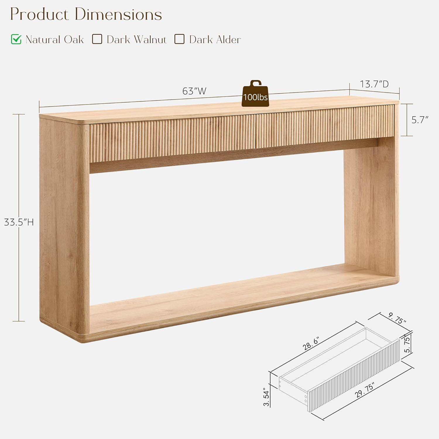 OKD 63 Inch Fluted Long Console Table for Entryway, Modern Entryway Table with 2 Large Drawers,Farmhouse Sofa Table Behind Couch for Living Room, Hallway, Natural Oak