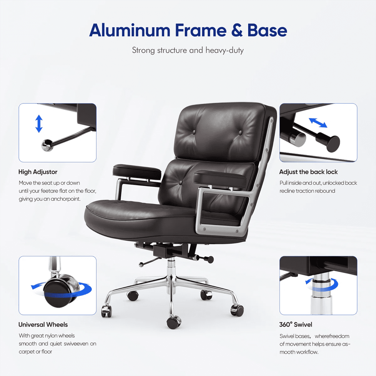Cottinch Mid Back Genuine Leather Office Chair, Executive Desk Chairs with Aluminum Arms & Thickened Backrest, Ergonomic Office Chair Swivel Office Leather Chair with Lumbar Support, Brown